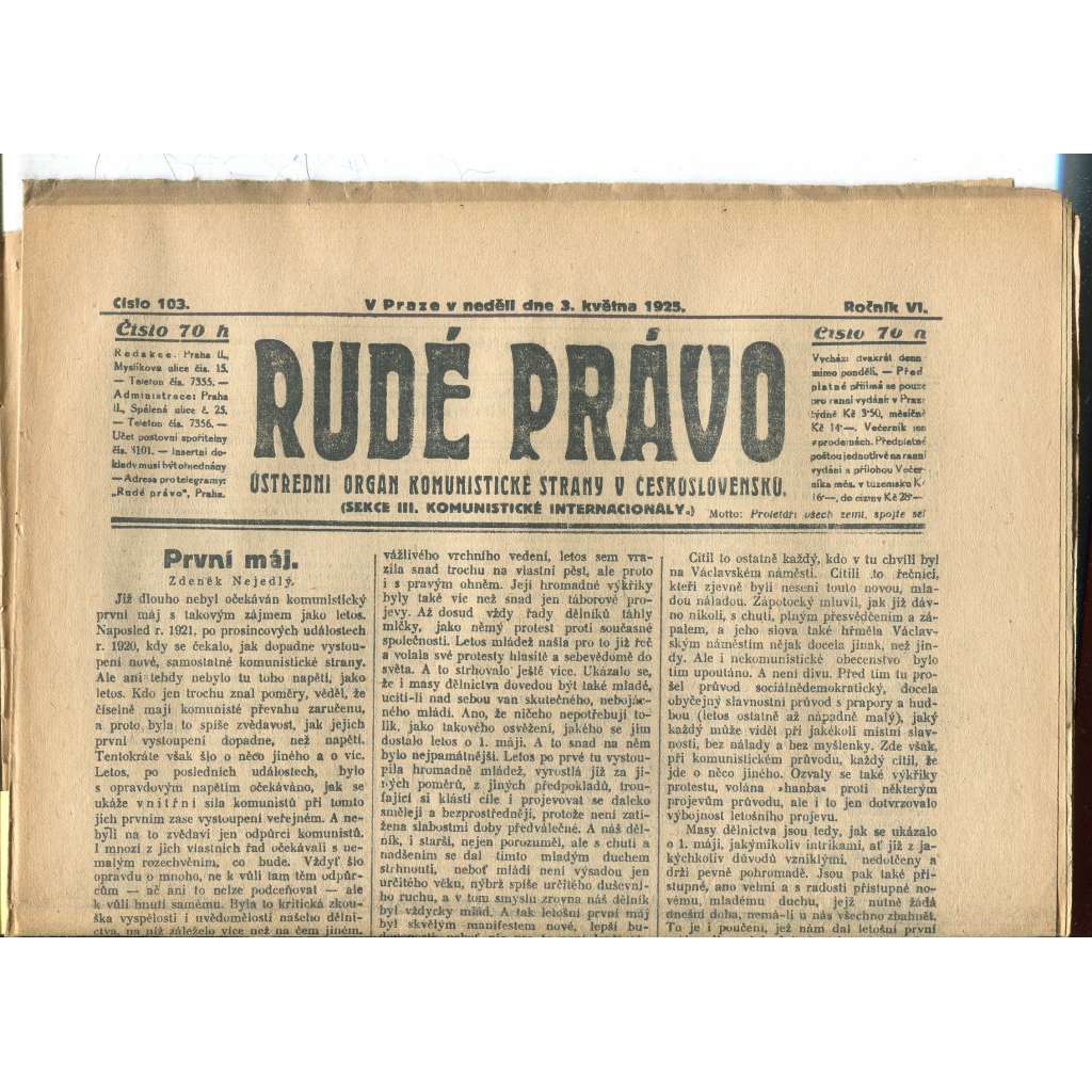 Rudé právo - večerník, ročník VI., číslo 103 (3.5.1925) - staré noviny, 1. republika