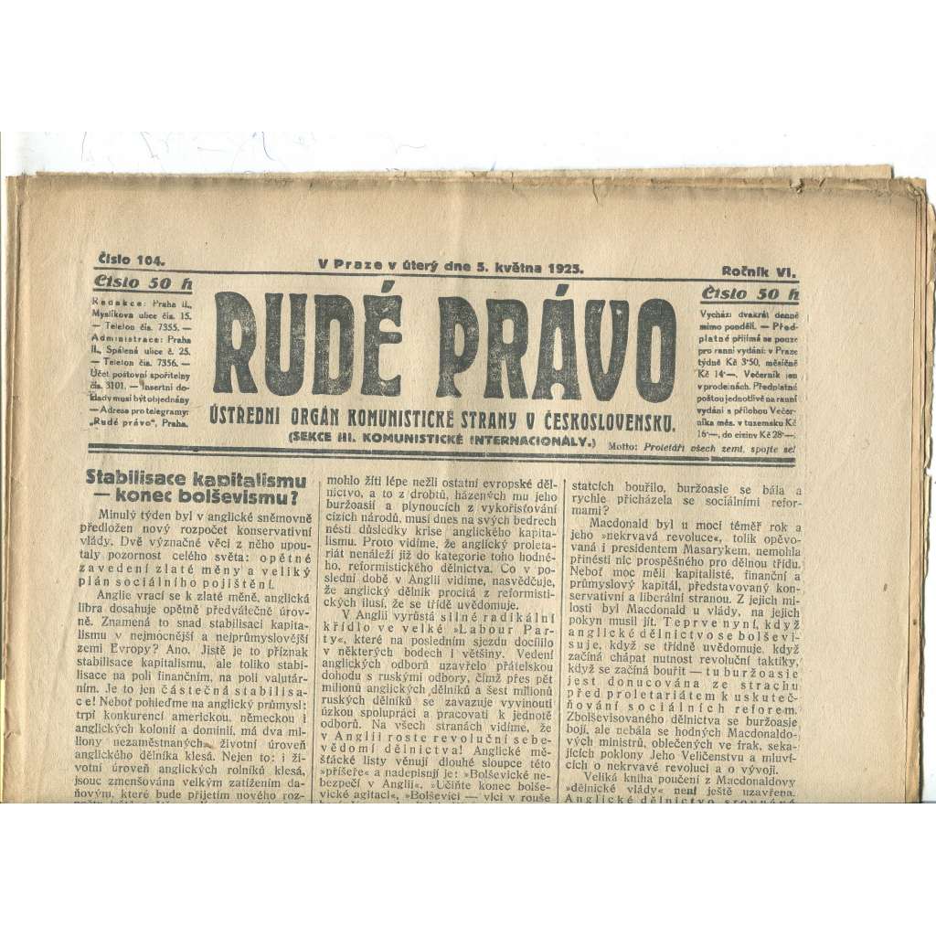 Rudé právo - večerník, ročník VI., číslo 104 (5.5.1925) - staré noviny, 1. republika