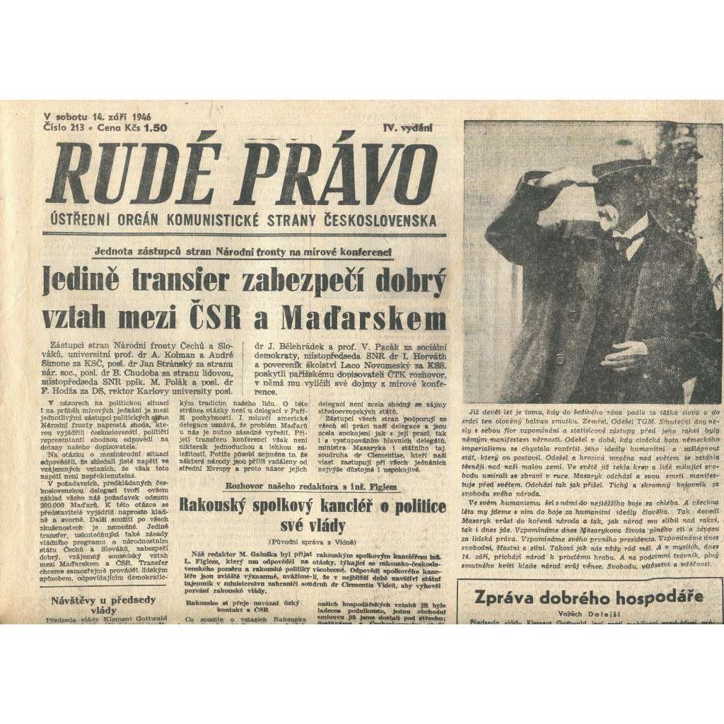 Rudé právo, číslo 213 (14.9.1946). Ústřední orgán Komunistické strany Československa (noviny)