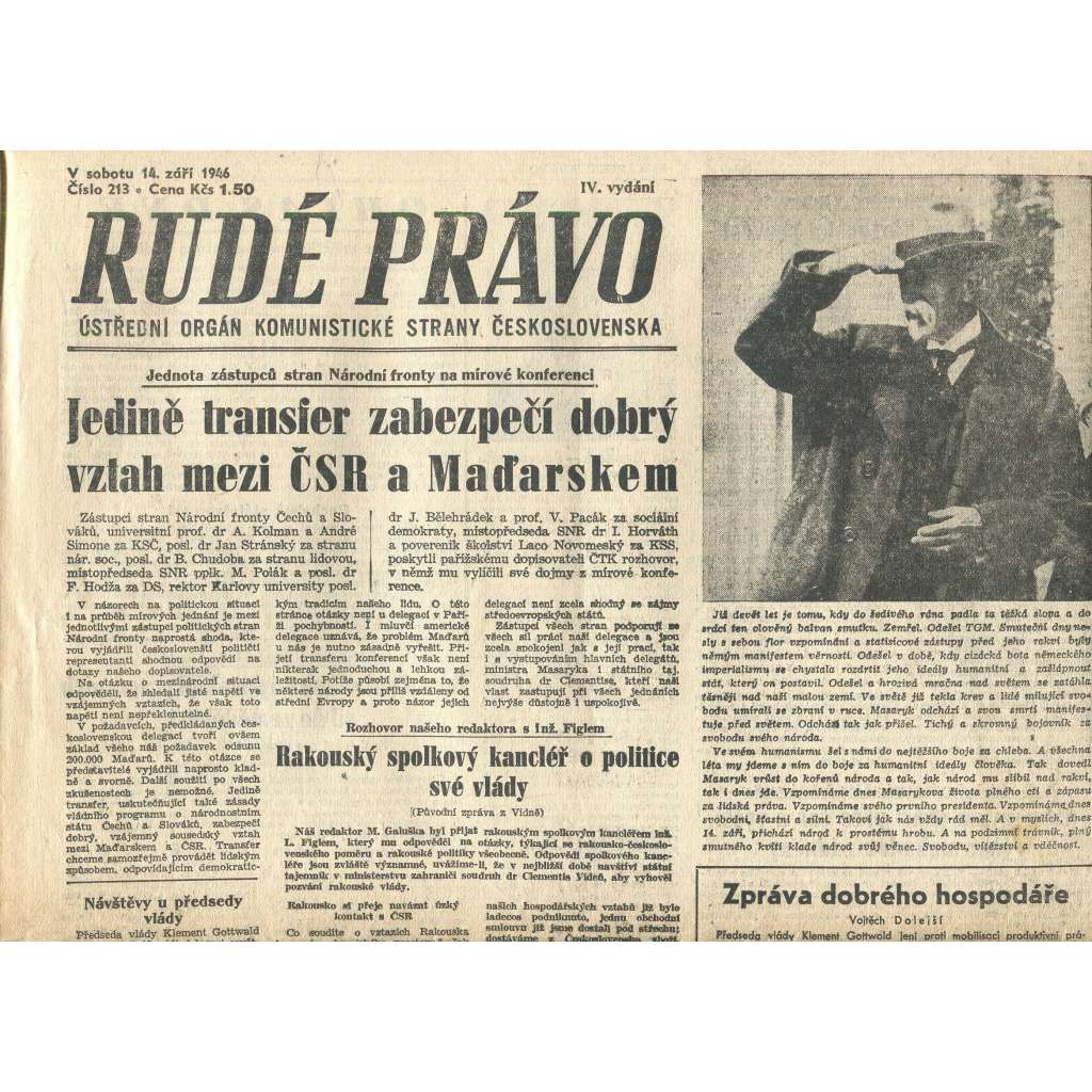 Rudé právo, číslo 213 (14.9.1946). Ústřední orgán Komunistické strany Československa (noviny)