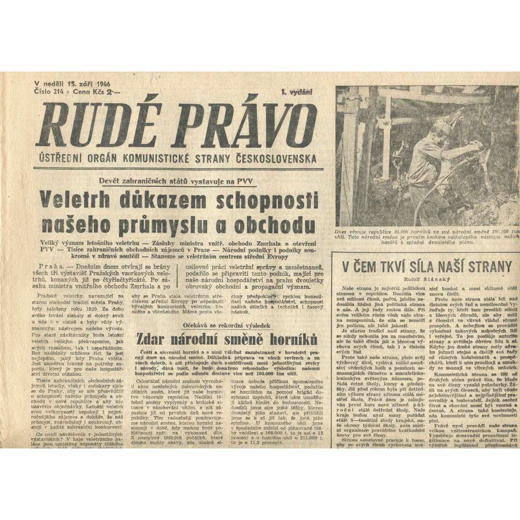 Rudé právo, číslo 214 (15.9.1946). Ústřední orgán Komunistické strany Československa (noviny)
