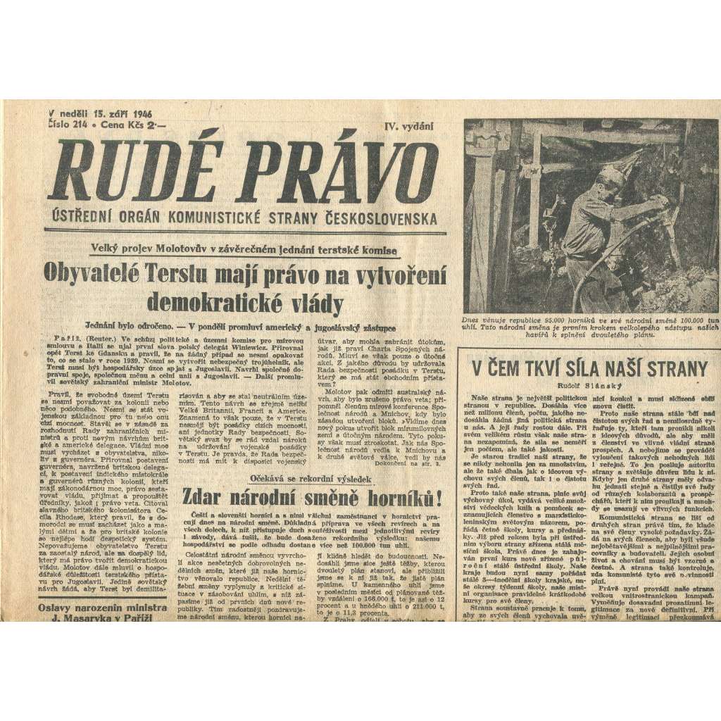 Rudé právo, číslo 214 (15.9.1946). Ústřední orgán Komunistické strany Československa (noviny)
