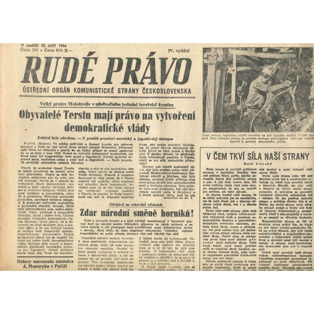 Rudé právo, číslo 214 (15.9.1946). Ústřední orgán Komunistické strany Československa (noviny)