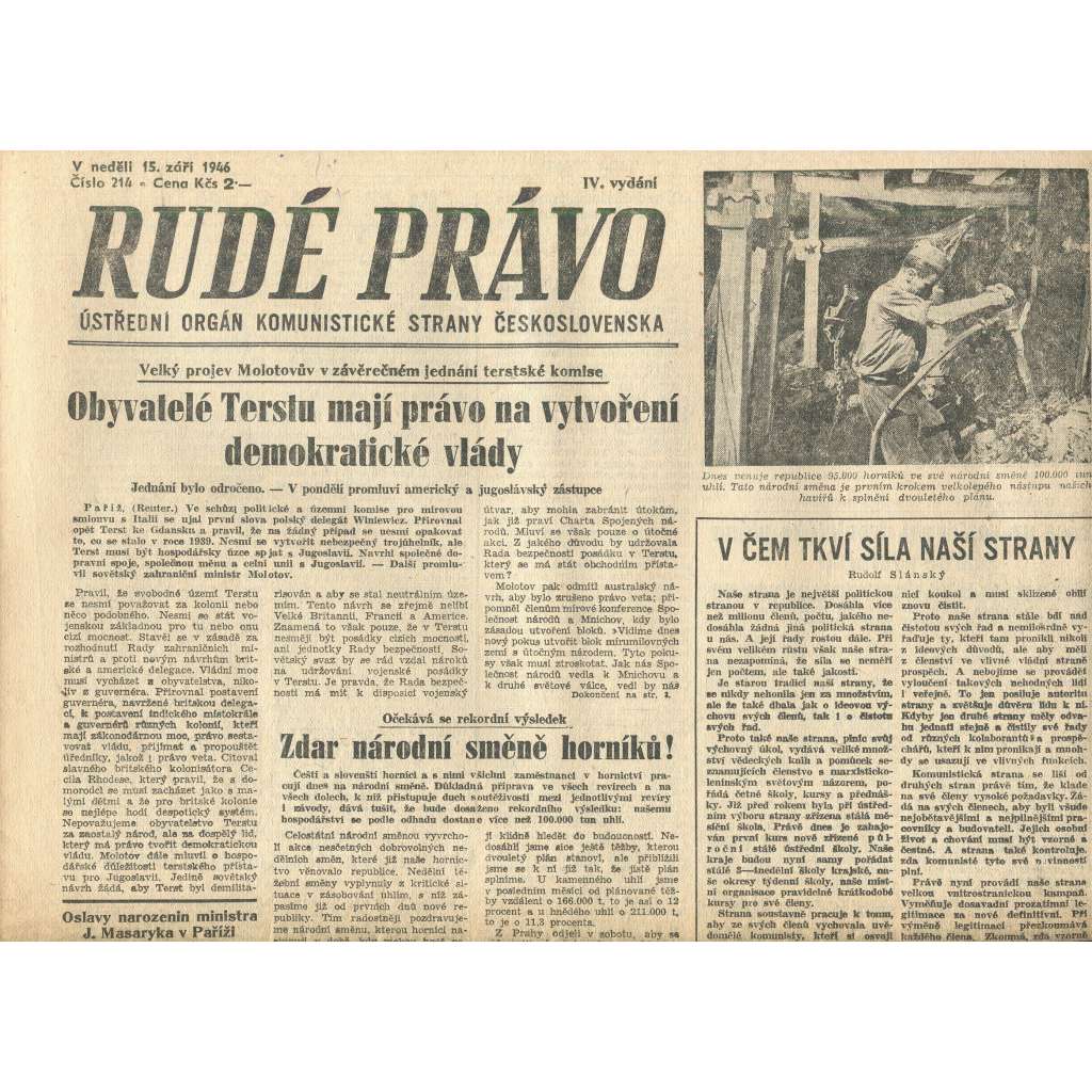 Rudé právo, číslo 214 (15.9.1946). Ústřední orgán Komunistické strany Československa (noviny)