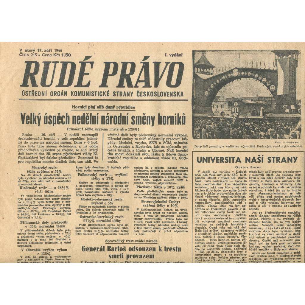 Rudé právo, číslo 215 (17.9.1946). Ústřední orgán Komunistické strany Československa (noviny)