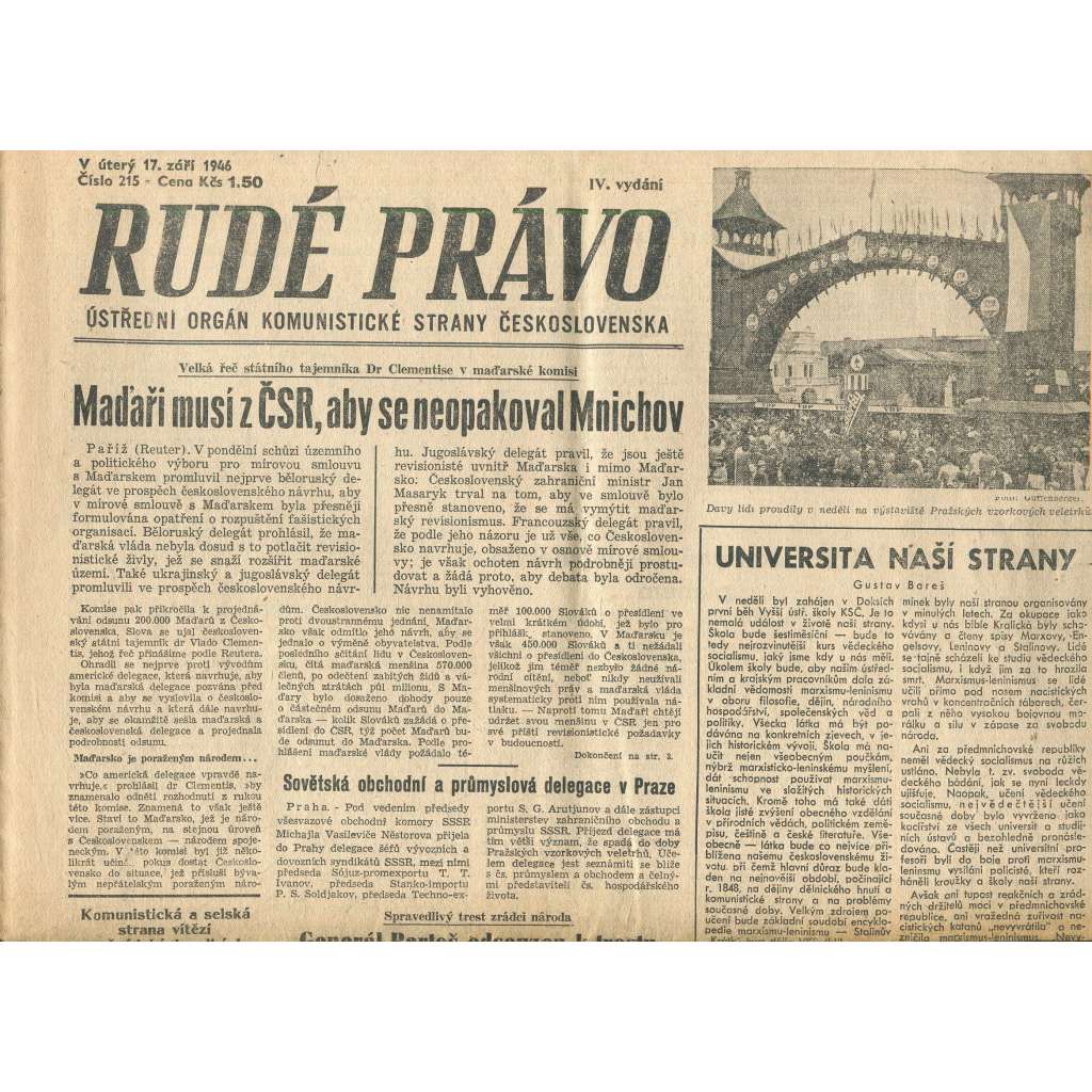 Rudé právo, číslo 215 (17.9.1946). Ústřední orgán Komunistické strany Československa (noviny)