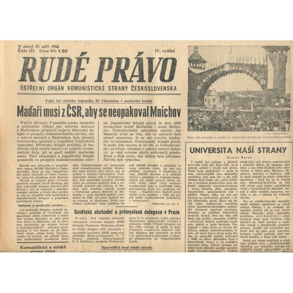 Rudé právo, číslo 215 (17.9.1946). Ústřední orgán Komunistické strany Československa (noviny)