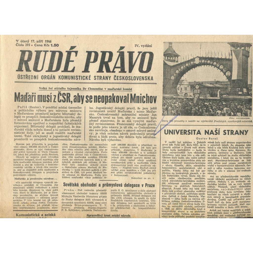 Rudé právo, číslo 215 (17.9.1946). Ústřední orgán Komunistické strany Československa (noviny)