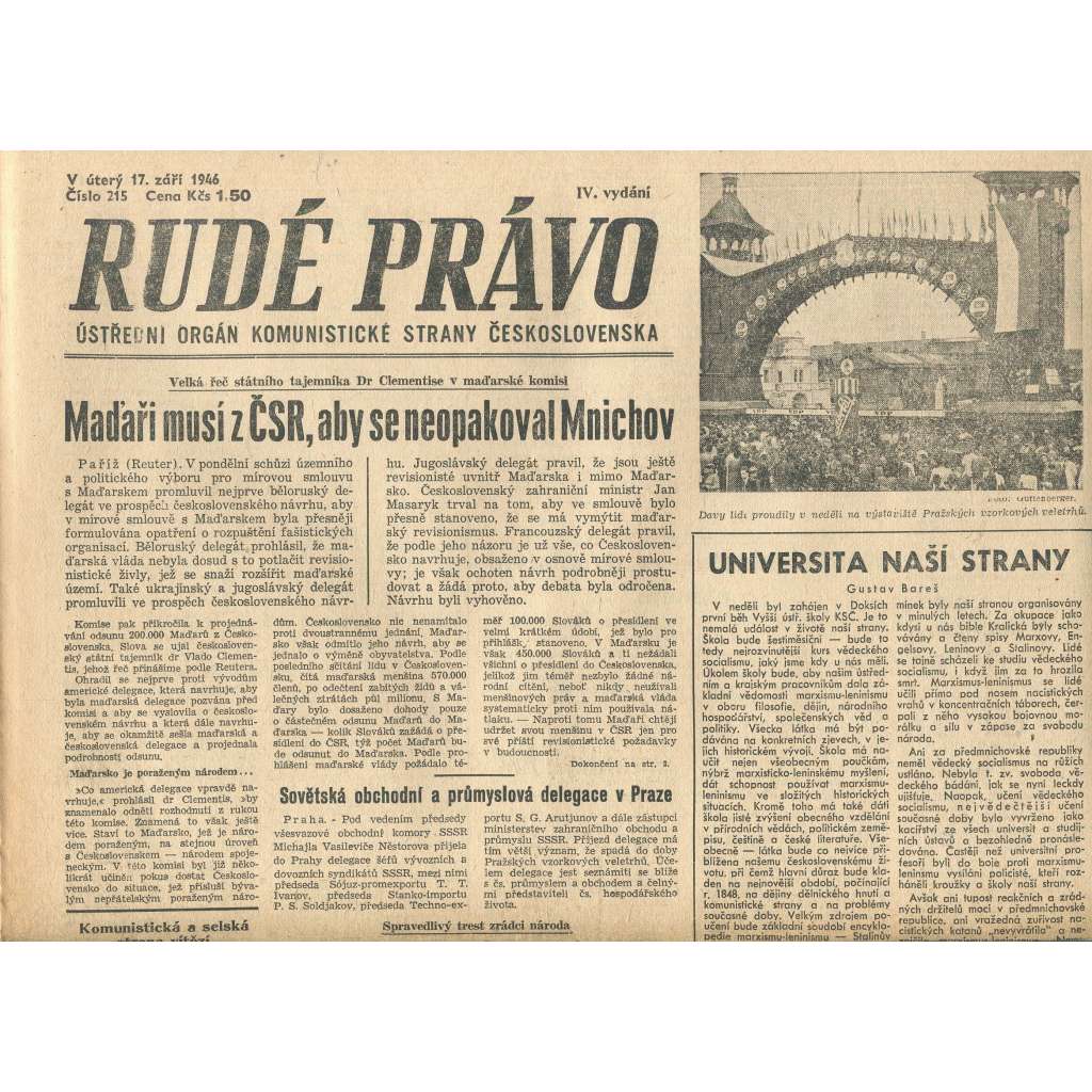 Rudé právo, číslo 215 (17.9.1946). Ústřední orgán Komunistické strany Československa (noviny)