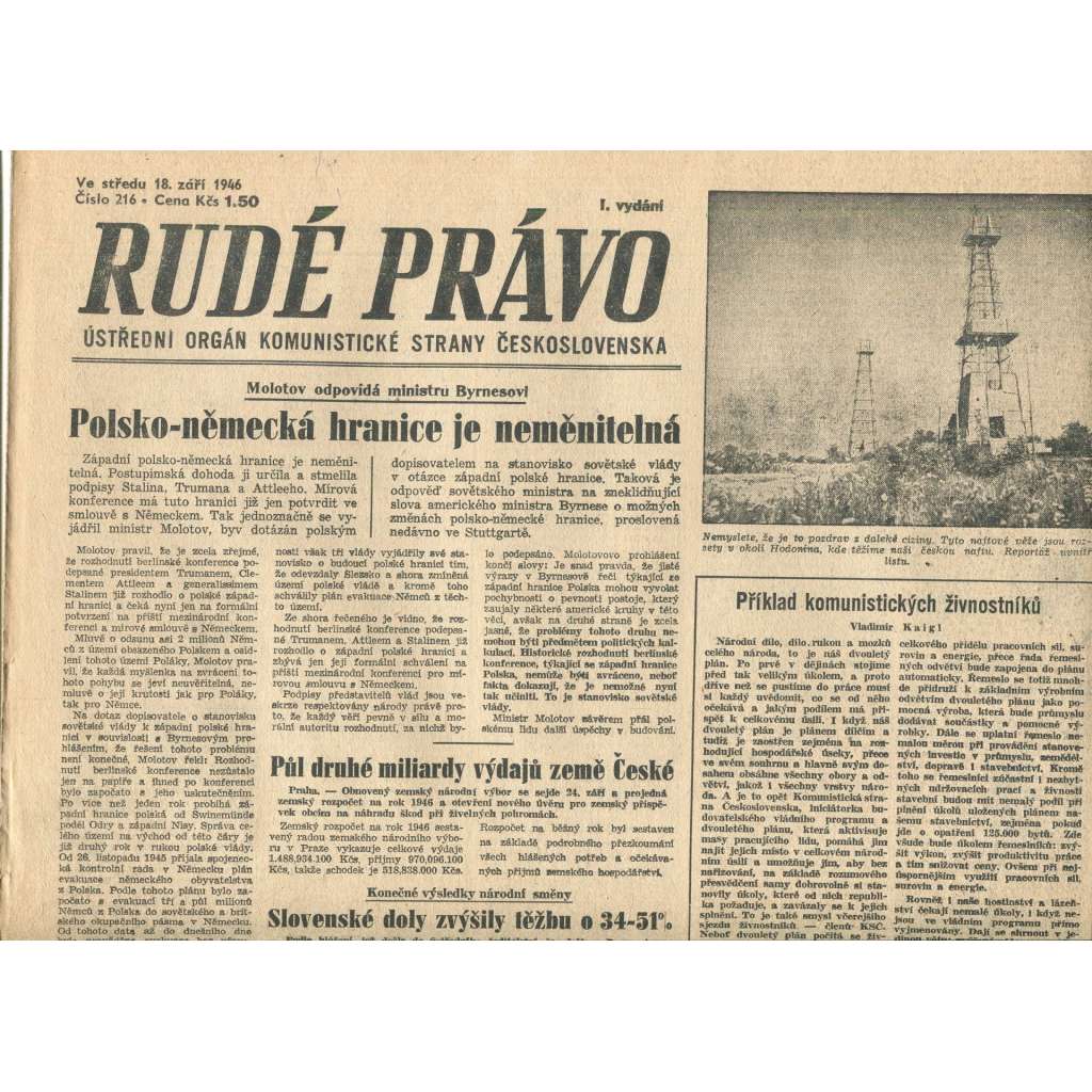 Rudé právo, číslo 216 (18.9.1946). Ústřední orgán Komunistické strany Československa (noviny)