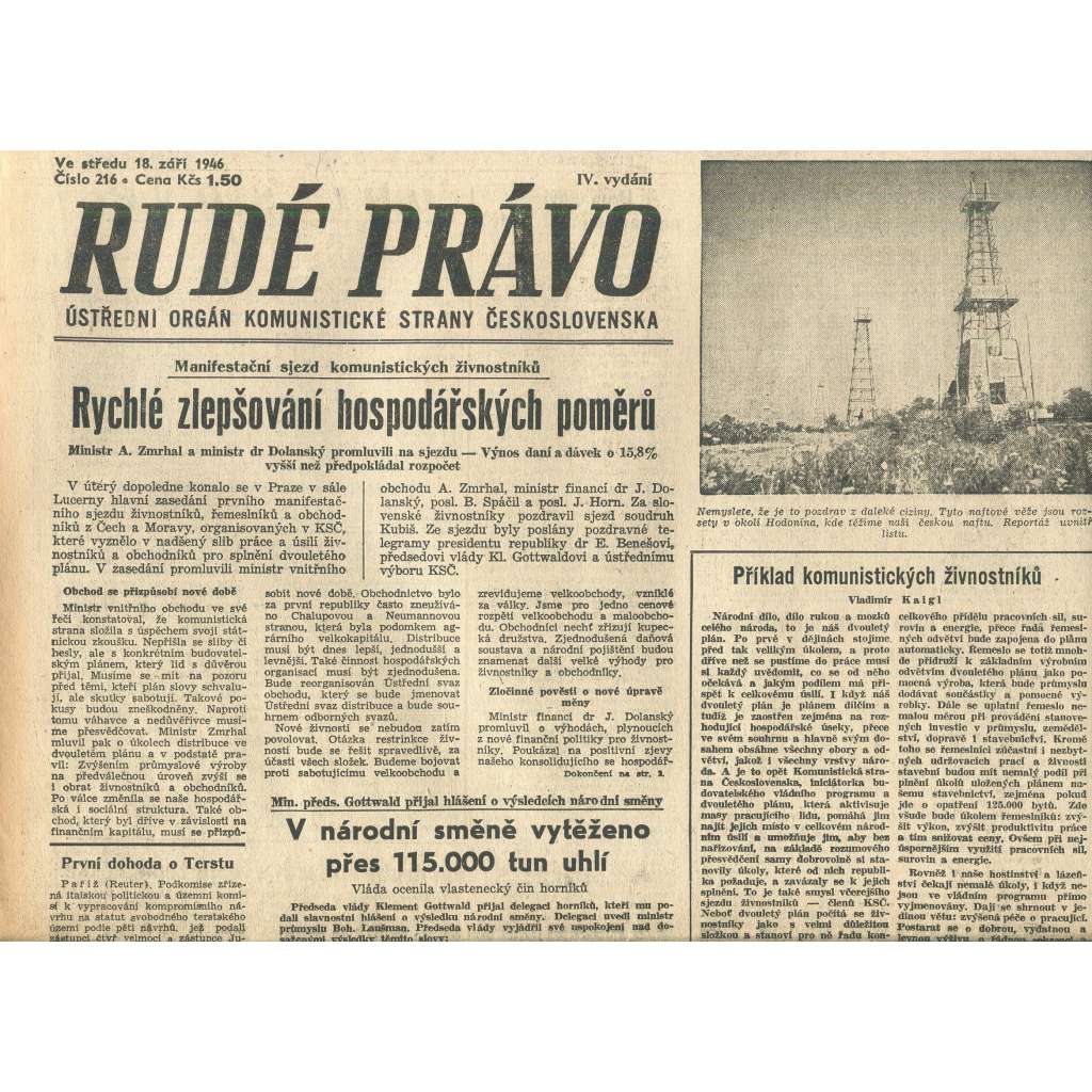 Rudé právo, číslo 216 (18.9.1946). Ústřední orgán Komunistické strany Československa (noviny)