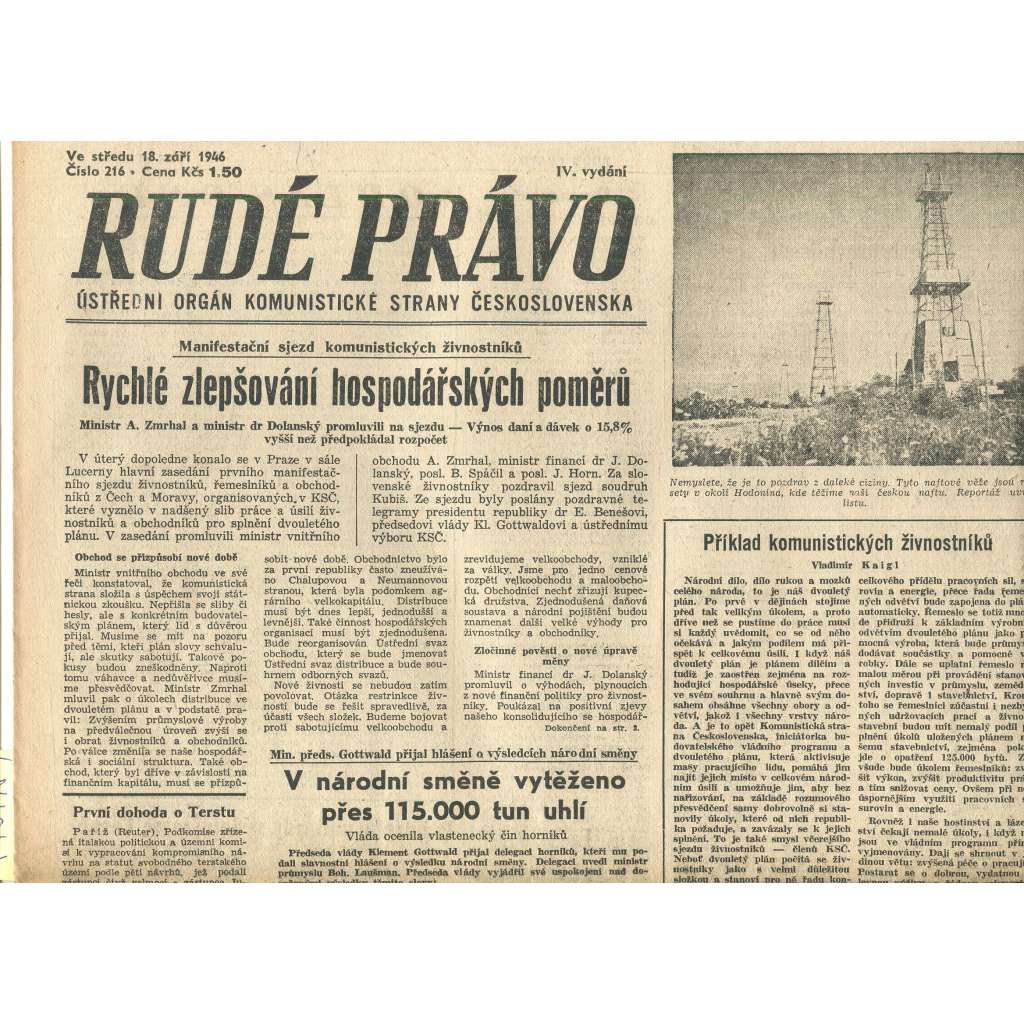 Rudé právo, číslo 216 (18.9.1946). Ústřední orgán Komunistické strany Československa (noviny)
