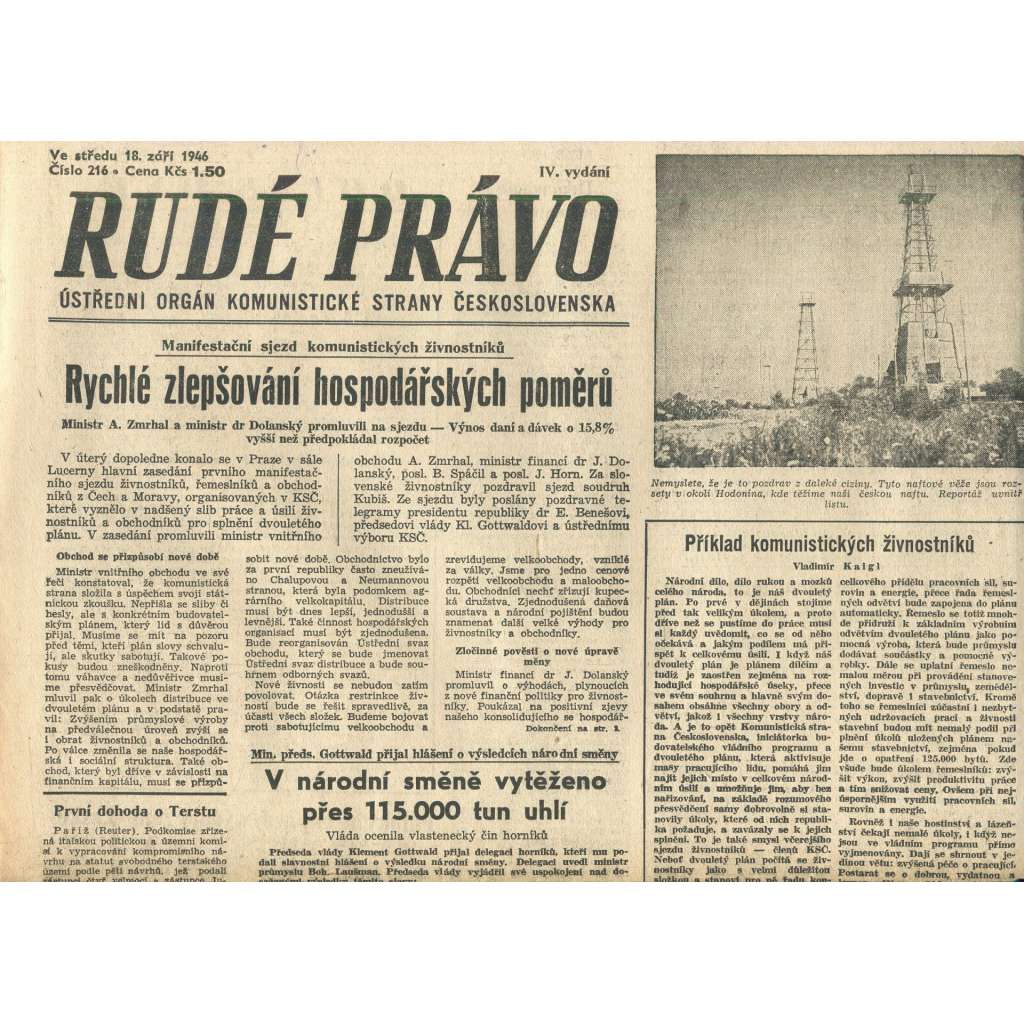 Rudé právo, číslo 216 (18.9.1946). Ústřední orgán Komunistické strany Československa (noviny)