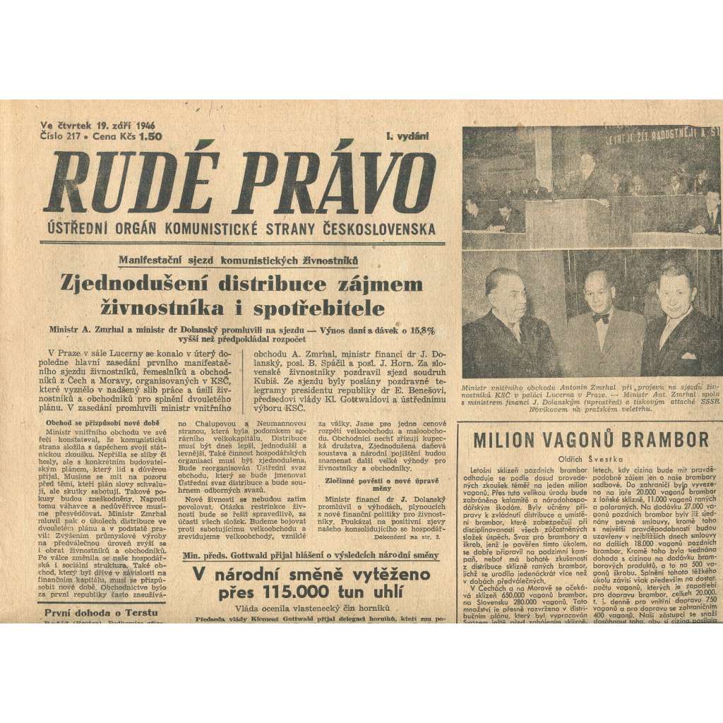 Rudé právo, číslo 217 (19.9.1946). Ústřední orgán Komunistické strany Československa (noviny)