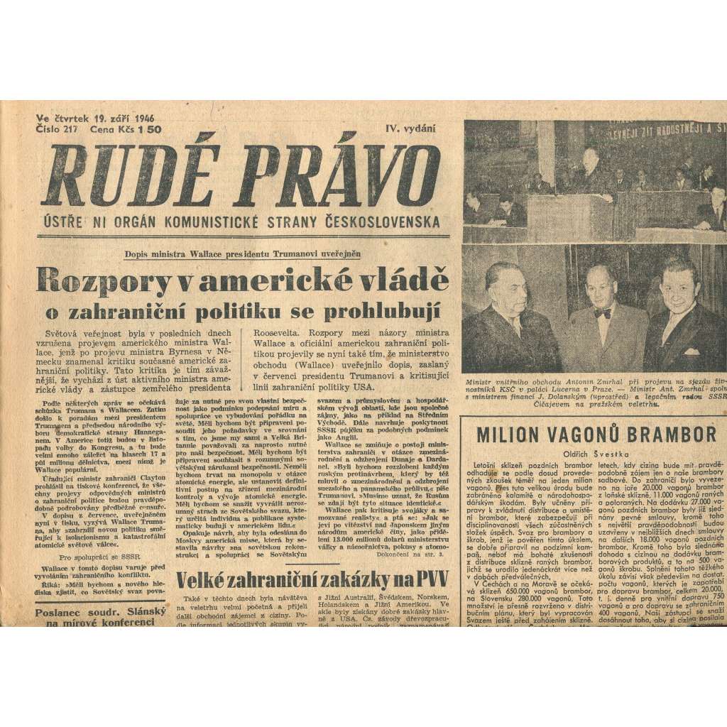 Rudé právo, číslo 217 (19.9.1946). Ústřední orgán Komunistické strany Československa (noviny)