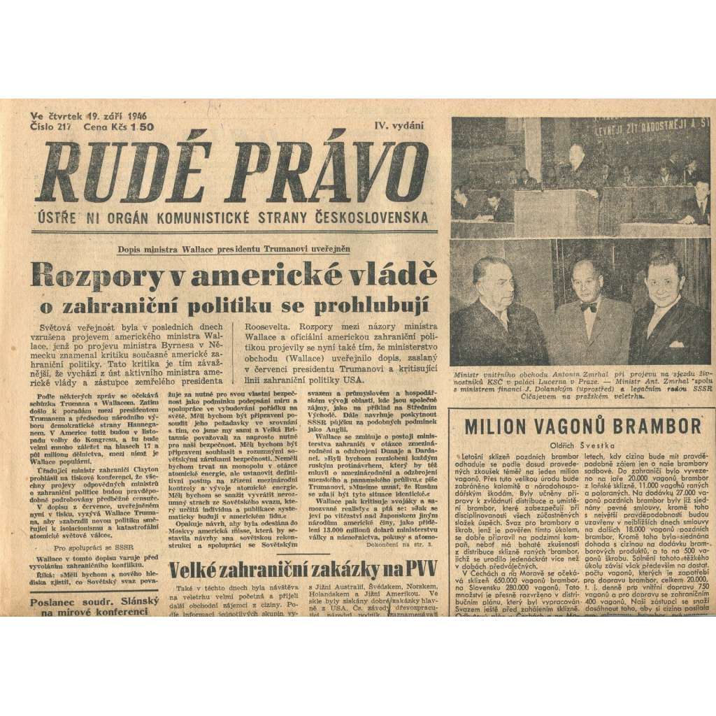 Rudé právo, číslo 217 (19.9.1946). Ústřední orgán Komunistické strany Československa (noviny)