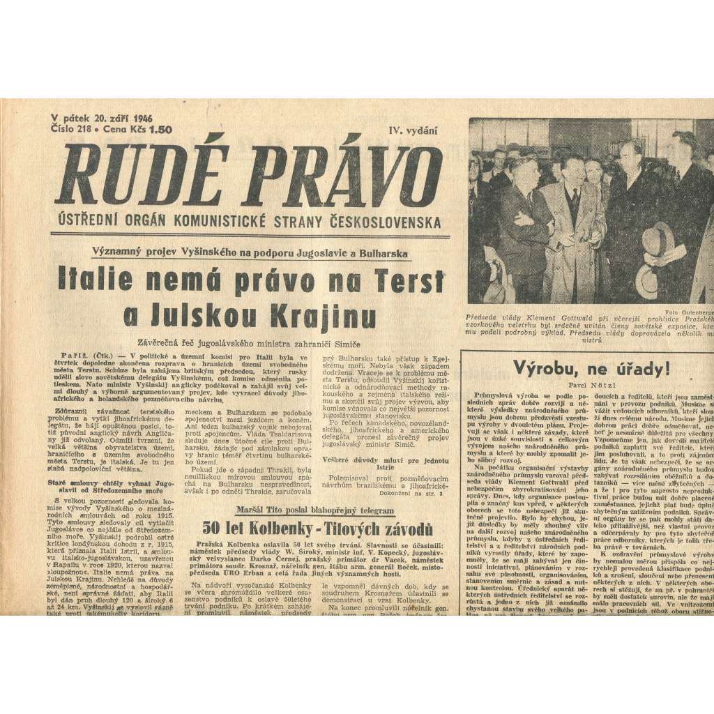 Rudé právo, číslo 218 (20.9.1946). Ústřední orgán Komunistické strany Československa (noviny)