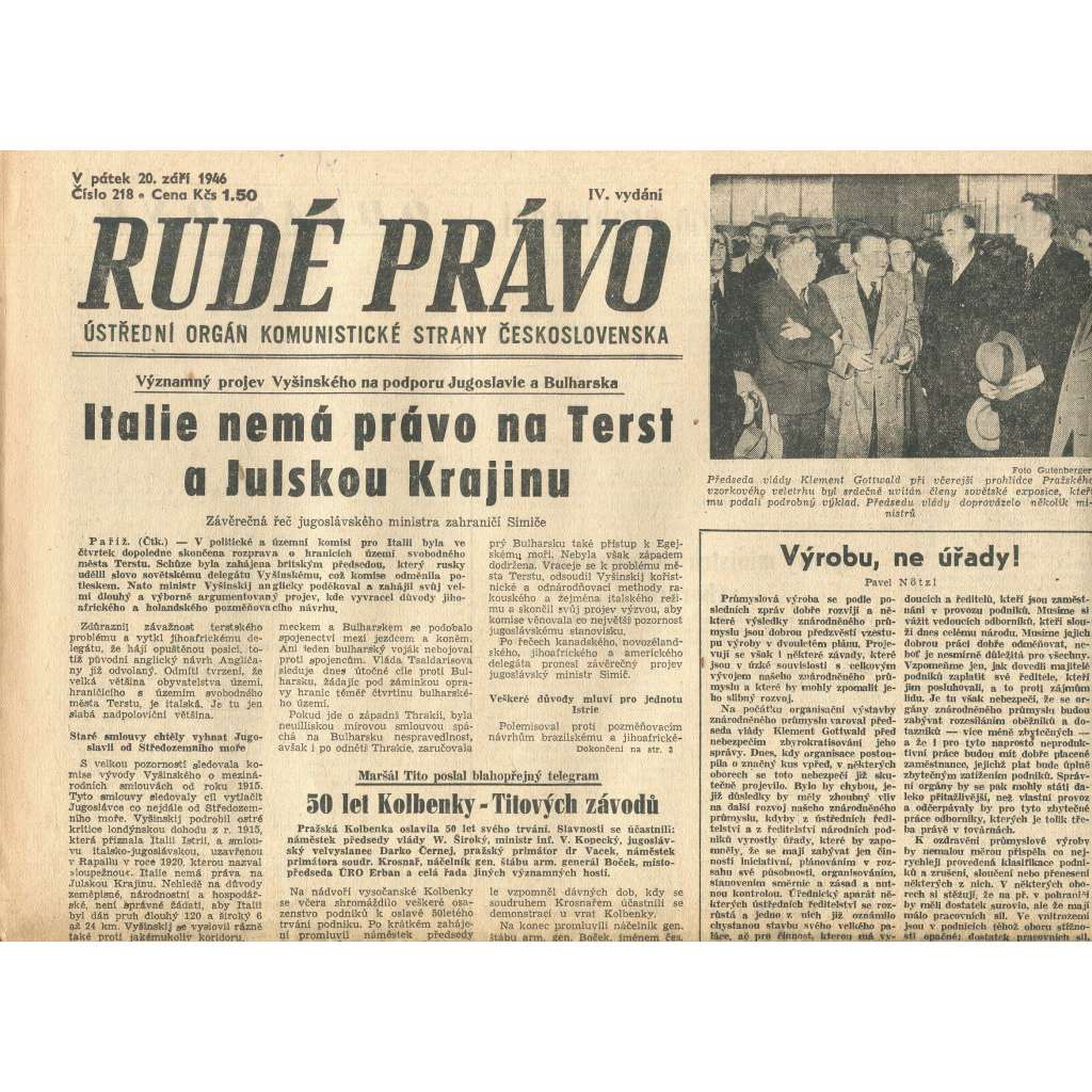 Rudé právo, číslo 218 (20.9.1946). Ústřední orgán Komunistické strany Československa (noviny)
