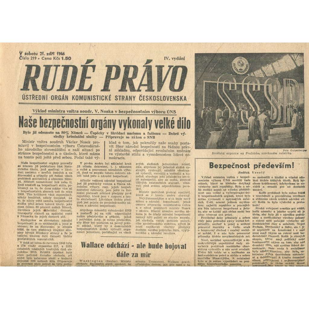 Rudé právo, číslo 219 (21.9.1946). Ústřední orgán Komunistické strany Československa (noviny)