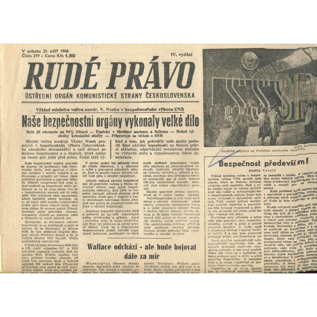 Rudé právo, číslo 219 (21.9.1946). Ústřední orgán Komunistické strany Československa (noviny)