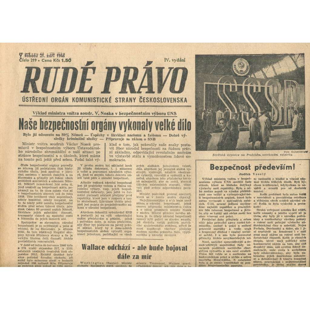 Rudé právo, číslo 219 (21.9.1946). Ústřední orgán Komunistické strany Československa (noviny)