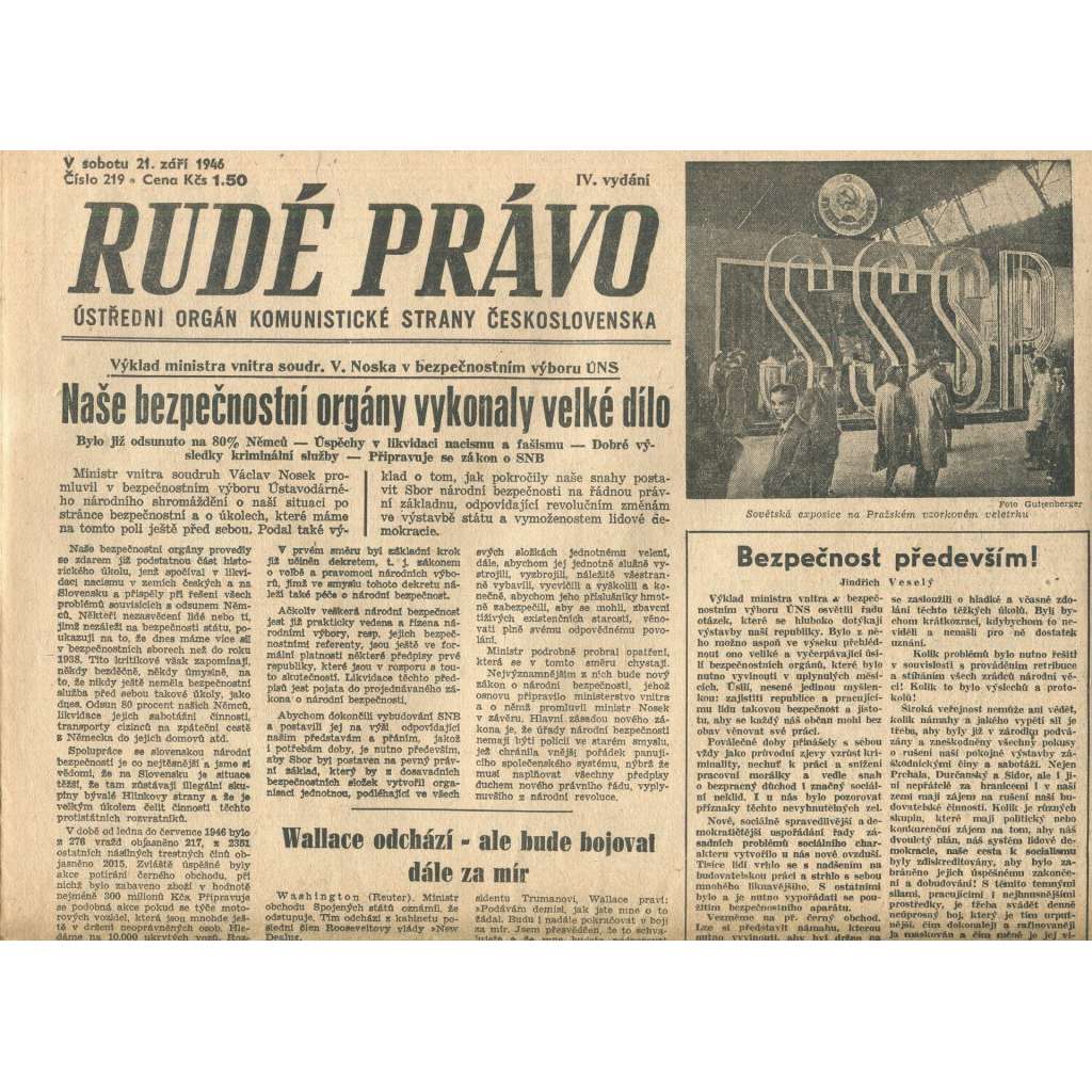 Rudé právo, číslo 219 (21.9.1946). Ústřední orgán Komunistické strany Československa (noviny)