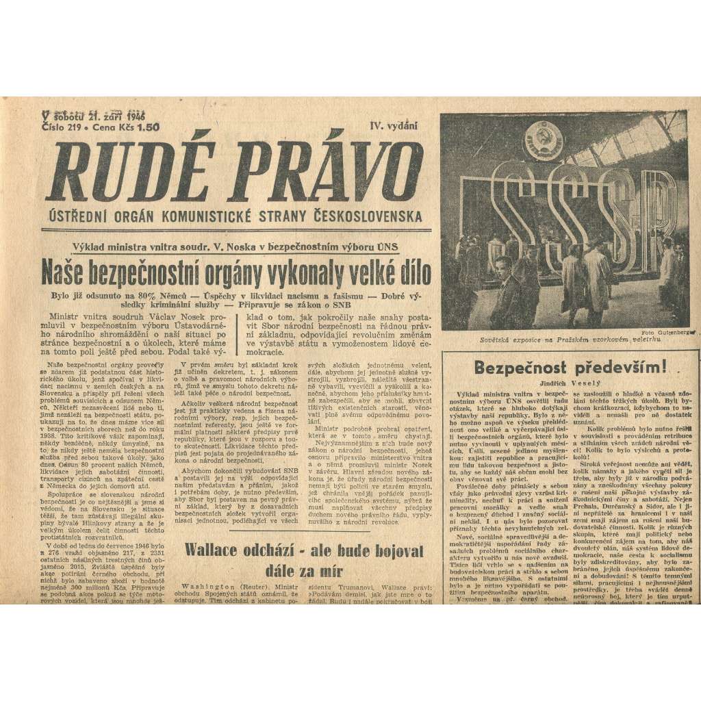 Rudé právo, číslo 219 (21.9.1946). Ústřední orgán Komunistické strany Československa (noviny)