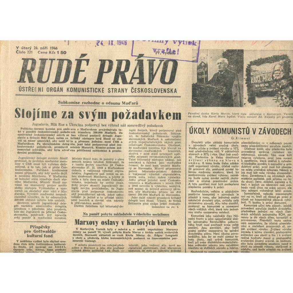 Rudé právo, číslo 221 (24.9.1946). Ústřední orgán Komunistické strany Československa (noviny)