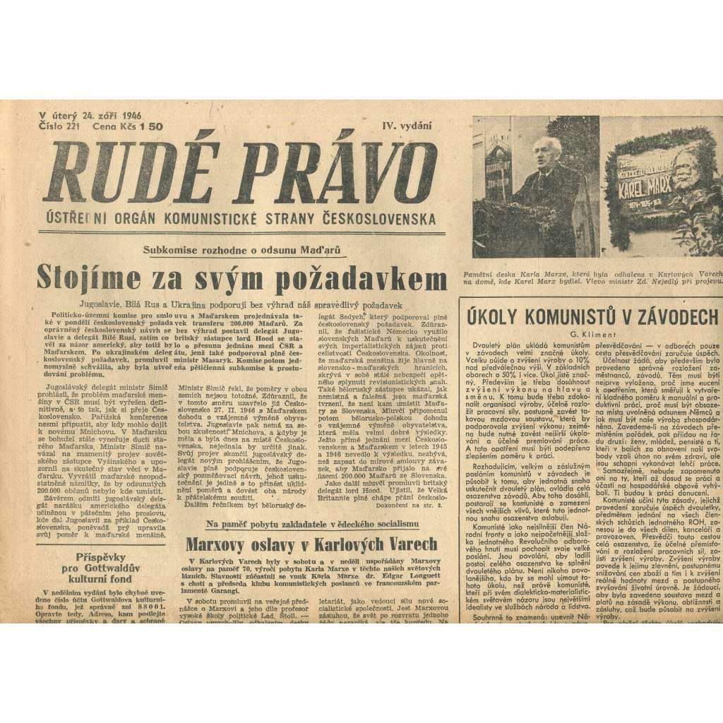 Rudé právo, číslo 221 (24.9.1946). Ústřední orgán Komunistické strany Československa (noviny)