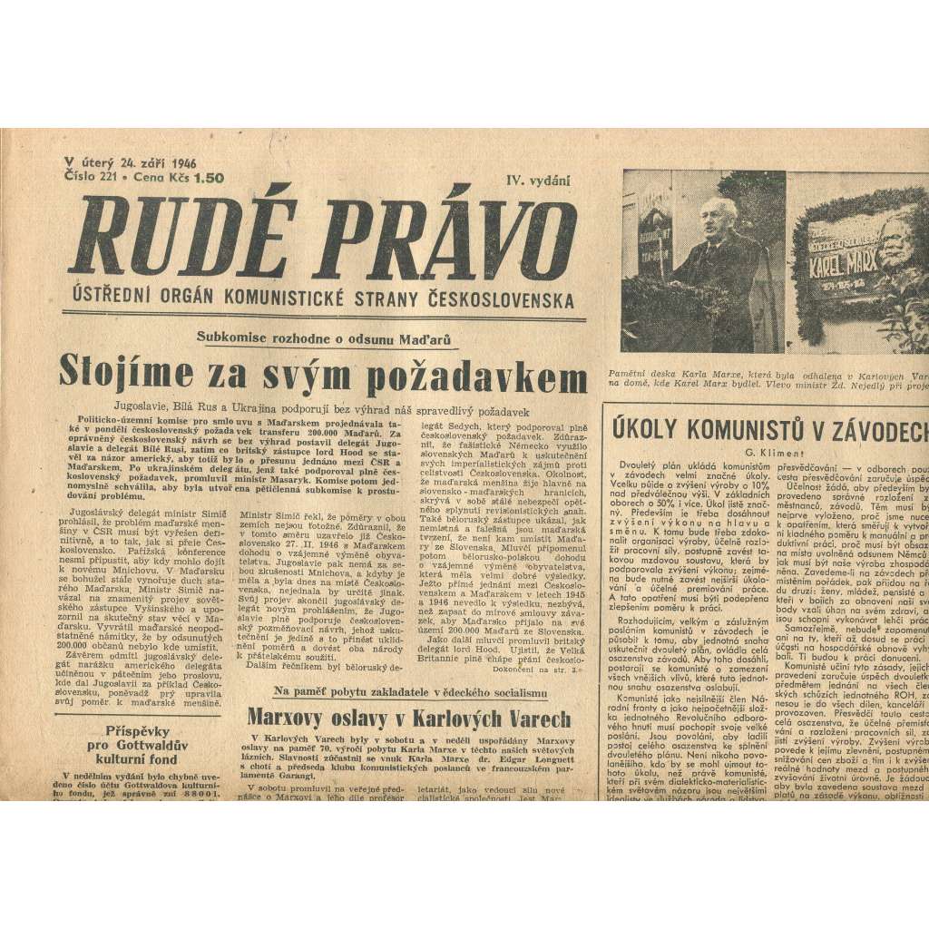 Rudé právo, číslo 221 (24.9.1946). Ústřední orgán Komunistické strany Československa (noviny)