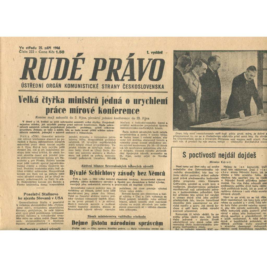 Rudé právo, číslo 222 (25.9.1946). Ústřední orgán Komunistické strany Československa (noviny)