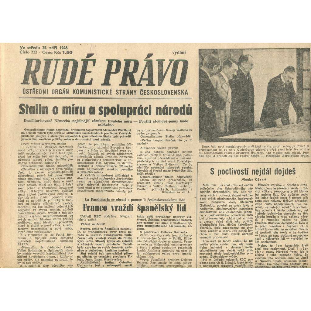 Rudé právo, číslo 222 (25.9.1946). Ústřední orgán Komunistické strany Československa (noviny)