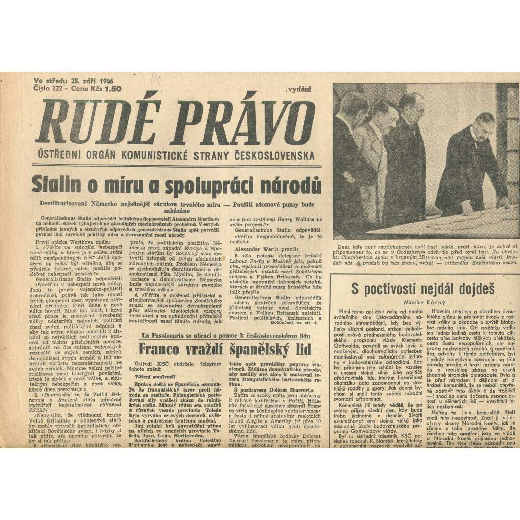 Rudé právo, číslo 222 (25.9.1946). Ústřední orgán Komunistické strany Československa (noviny)