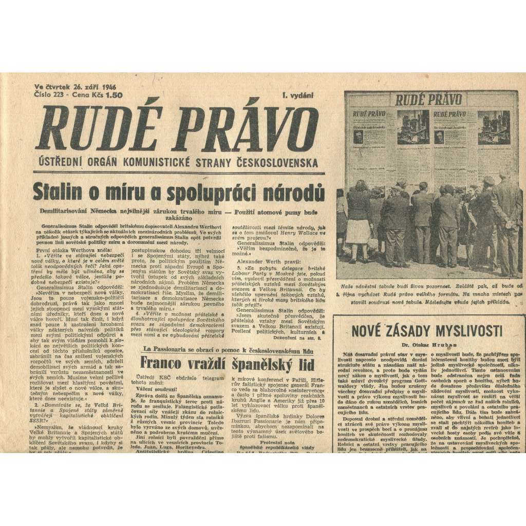Rudé právo, číslo 223 (26.9.1946). Ústřední orgán Komunistické strany Československa (noviny)