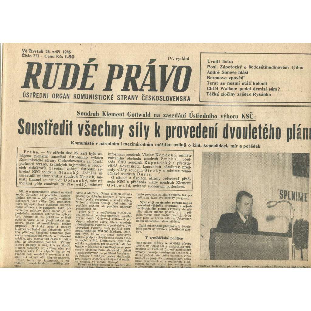 Rudé právo, číslo 223 (26.9.1946). Ústřední orgán Komunistické strany Československa (noviny)
