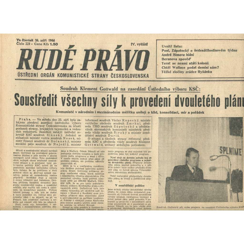 Rudé právo, číslo 223 (26.9.1946). Ústřední orgán Komunistické strany Československa (noviny)