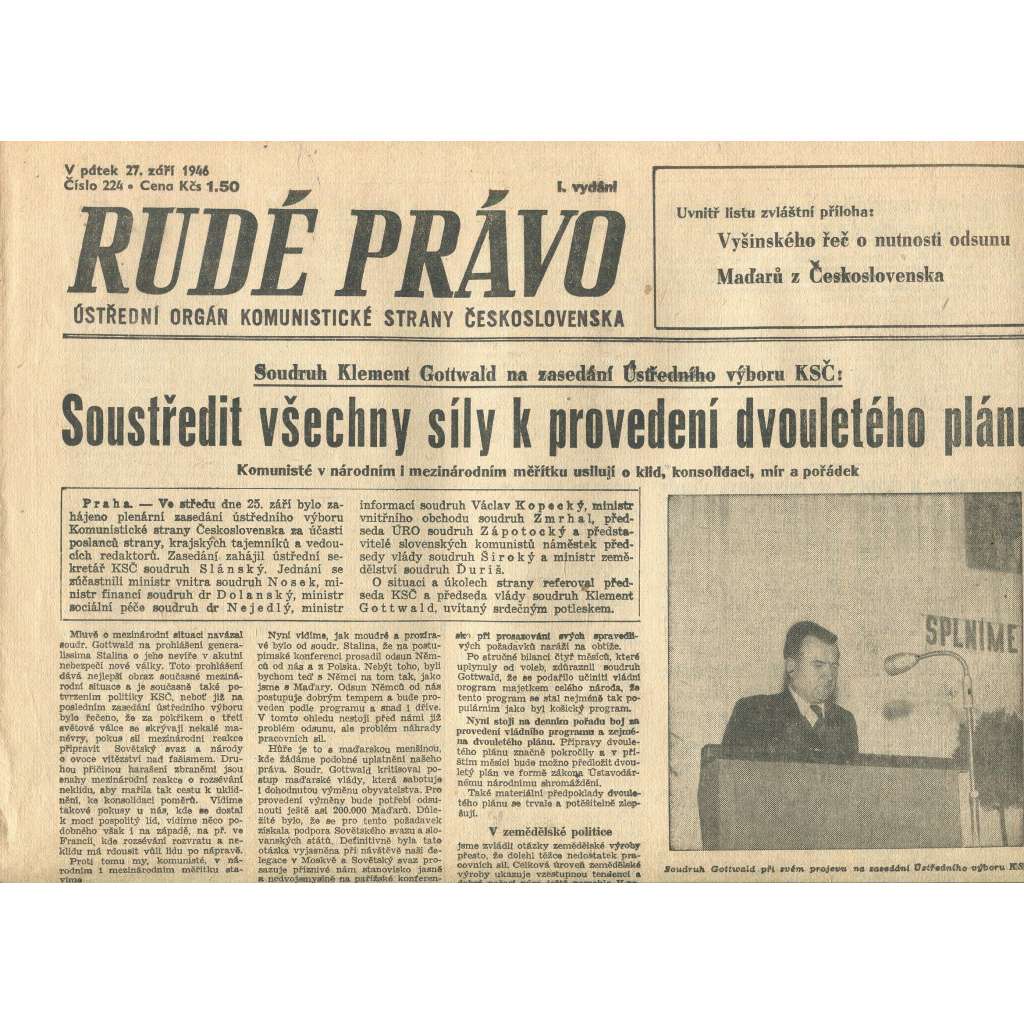 Rudé právo, číslo 224 (27.9.1946). Ústřední orgán Komunistické strany Československa (noviny)
