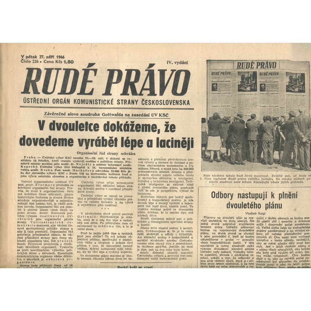 Rudé právo, číslo 224 (27.9.1946). Ústřední orgán Komunistické strany Československa (noviny)
