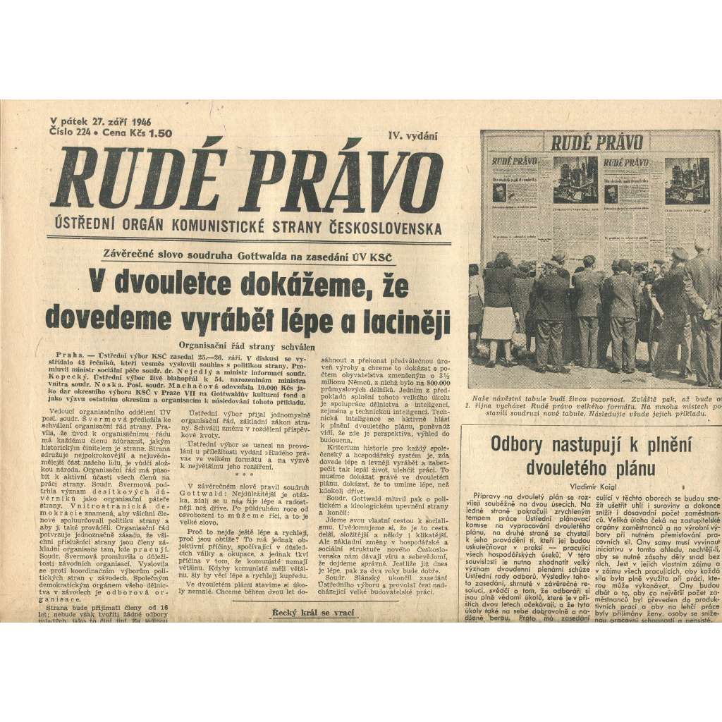 Rudé právo, číslo 224 (27.9.1946). Ústřední orgán Komunistické strany Československa (noviny)