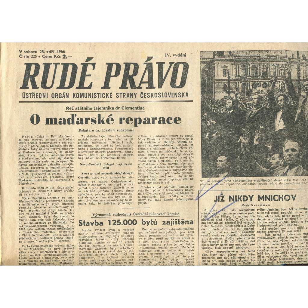 Rudé právo, číslo 225 (28.9.1946). Ústřední orgán Komunistické strany Československa (noviny)