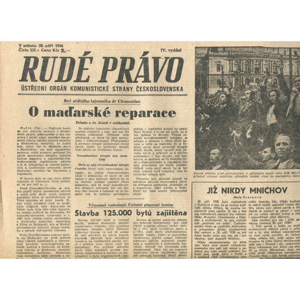 Rudé právo, číslo 225 (28.9.1946). Ústřední orgán Komunistické strany Československa (noviny)