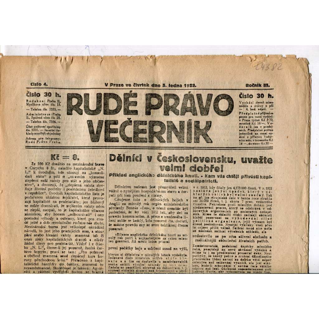 Rudé právo - večerník, ročník III., číslo 4 (5.1.1922). 1. republika, noviny