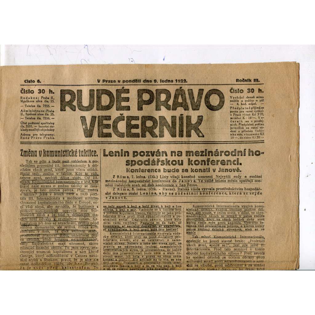 Rudé právo - večerník, ročník III., číslo 6. (9.1.1922). 1. republika, noviny