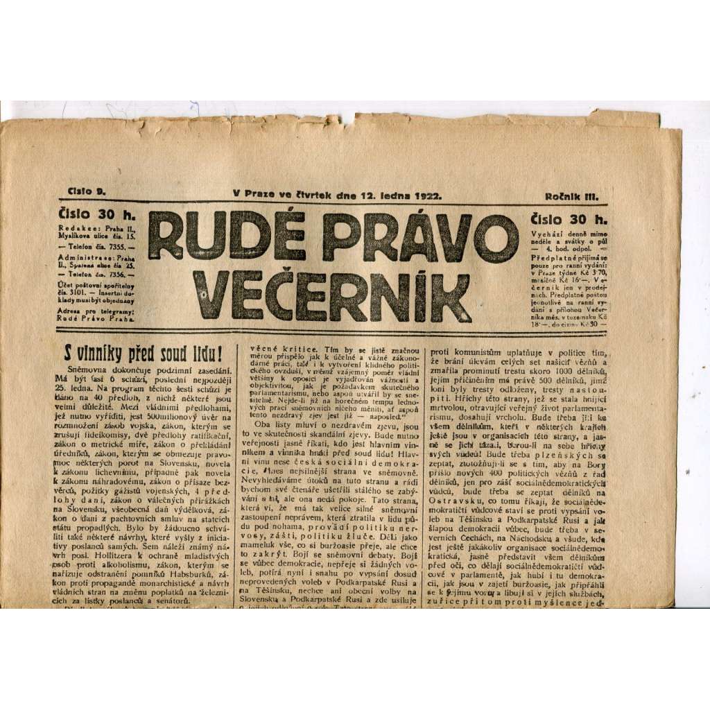 Rudé právo - večerník, ročník III., číslo 9. (12.1.1922). 1. republika, noviny