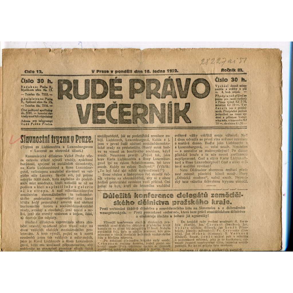 Rudé právo - večerník, ročník III., číslo 12. (16.1.1922). 1. republika, noviny