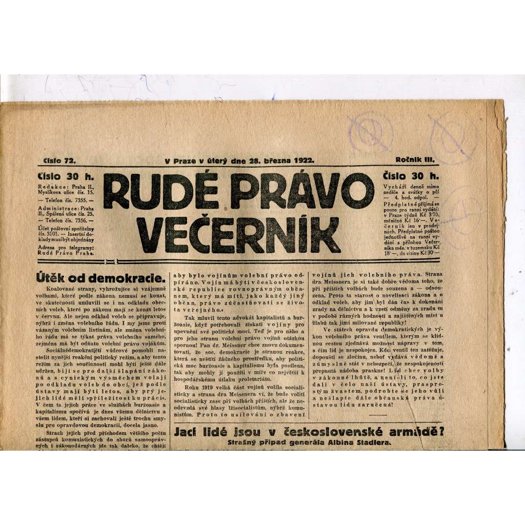 Rudé právo - večerník, ročník III., číslo 72. (28.3.1922). 1. republika, noviny