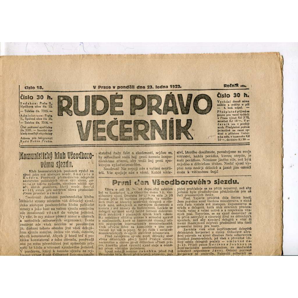 Rudé právo - večerník, ročník III., číslo 18. (23.1.1922). 1. republika, noviny