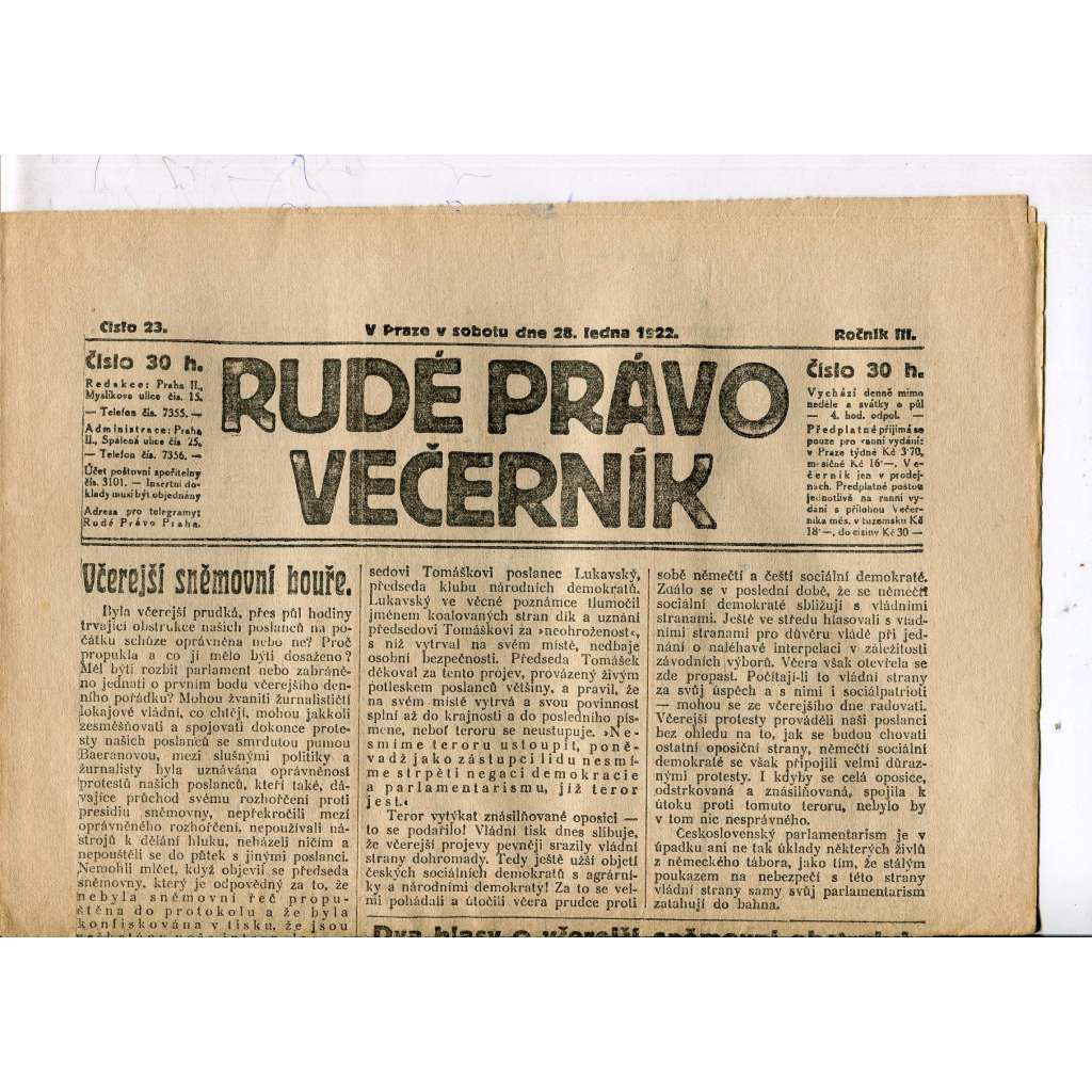 Rudé právo - večerník, ročník III., číslo 23. (28.1.1922). 1. republika, noviny