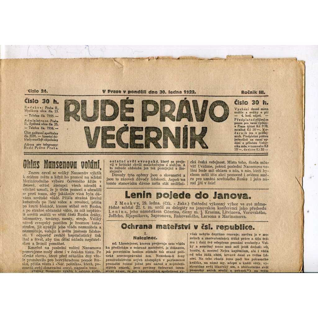 Rudé právo - večerník, ročník III., číslo 24. (30.1.1922). 1. republika, noviny