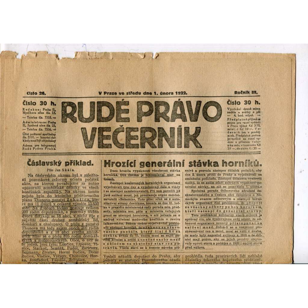 Rudé právo - večerník, ročník III., číslo 26. (1.2.1922). 1. republika, noviny
